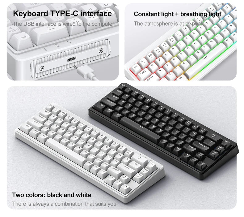 FREEWOLF M68SE Teclado mini con cable de 68 teclas, retroiluminación RGB, Type-C, diseño 68%, compacto para gaming, oficina, PC y portátil