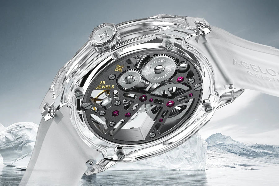Reloj AGELOCER de edición limitada «Ice Never Melts» con tourbillon de cristal de oscilación libre, reloj mecánico manual de lujo