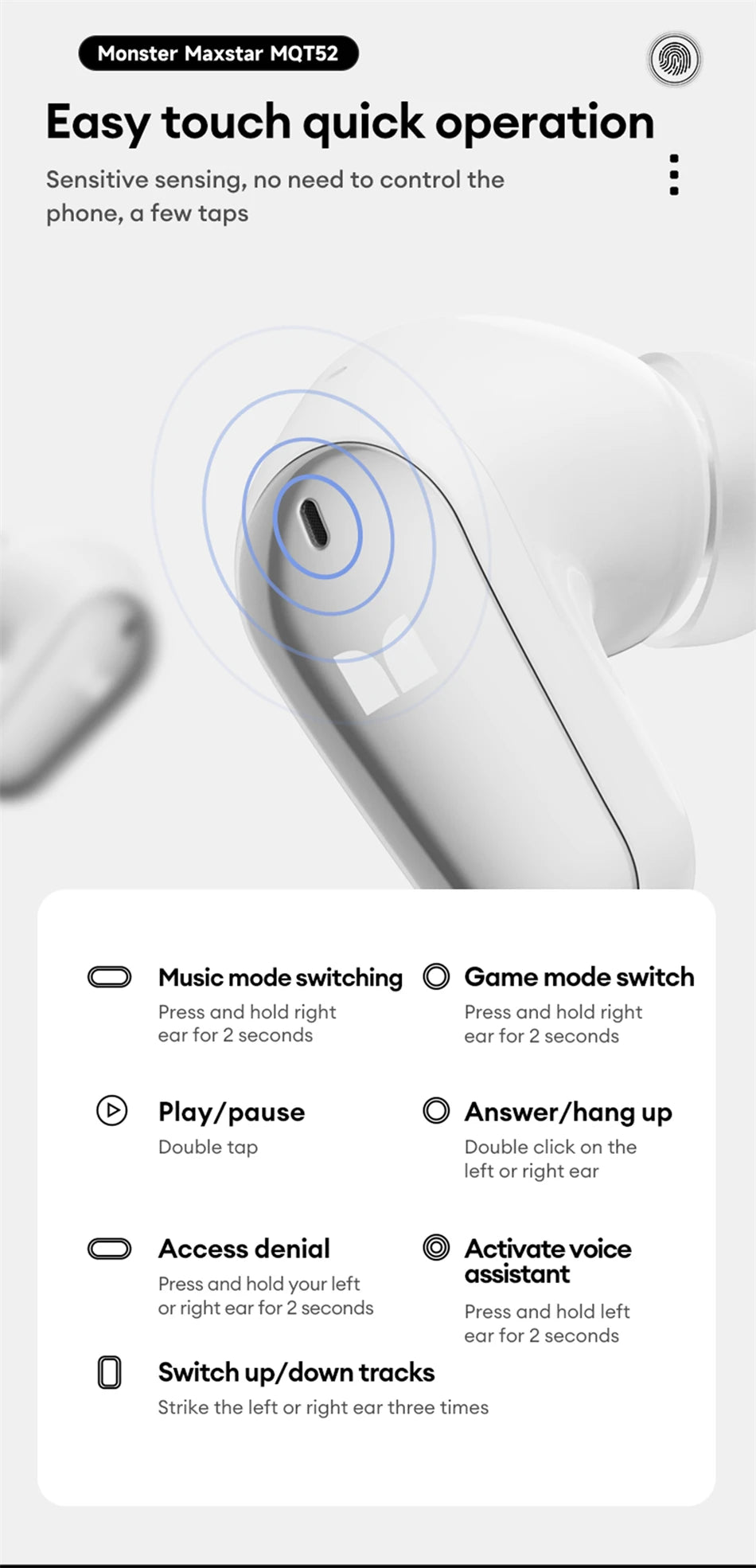 Auricolari wireless Bluetooth 5.4 Monster MQT52 a lunga autonomia, cuffie gaming dual mode con audio stereo HiFi e microfono