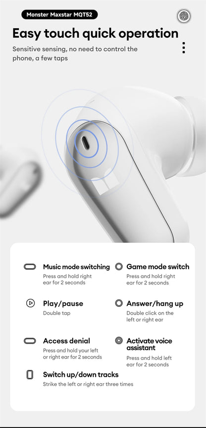 Auricolari wireless Bluetooth 5.4 Monster MQT52 a lunga autonomia, cuffie gaming dual mode con audio stereo HiFi e microfono