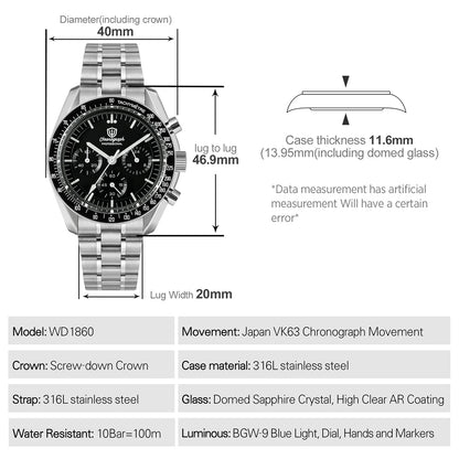 Watchdives WD1860 Watch VK63 Chronological Movement Stainless Steel Watch Sapphire AR Coating Night Light Retro Watches