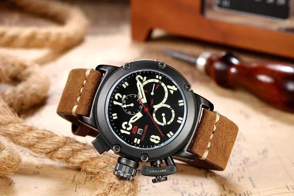 Automatic Watches for Men Mechanical Self Wind Genuine Leather Multifunction Date Boat Month Gold Bronze U Reloj Hombre Baratos