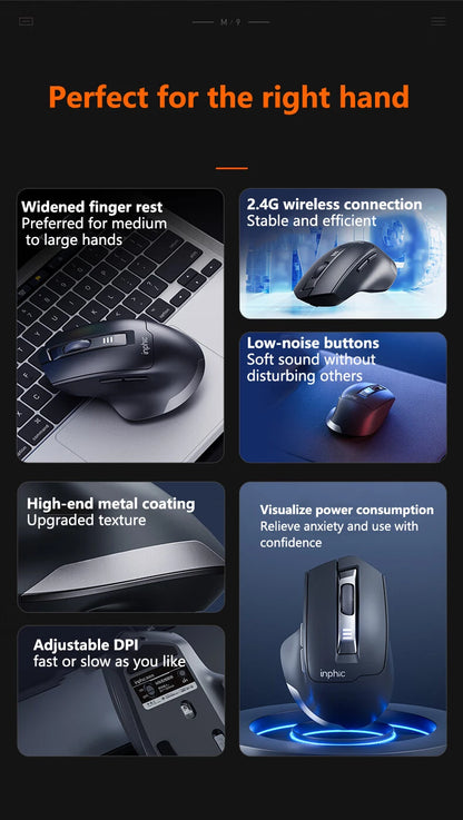 Mouse da ufficio silenzioso INPHIC con display del livello batteria, 2400DPI, wireless, adatto a computer desktop e laptop