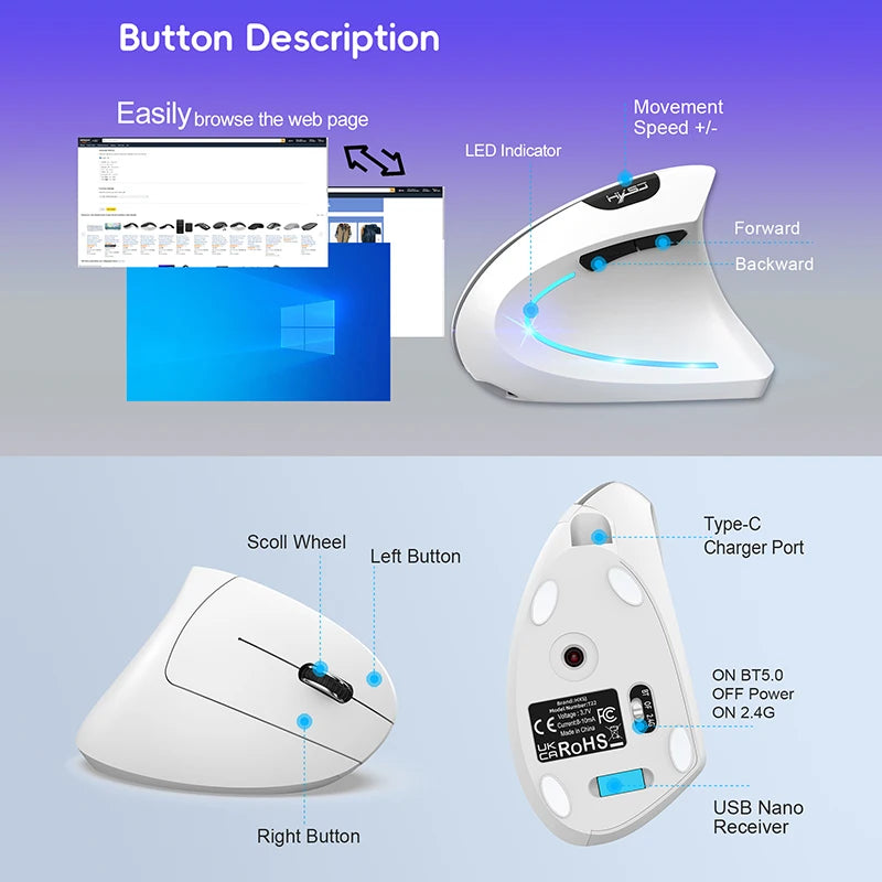 Ratón inalámbrico Bluetooth vertical de doble modo, silencioso y recargable para gaming, compatible con Win, Mac OS, portátil y ordenador