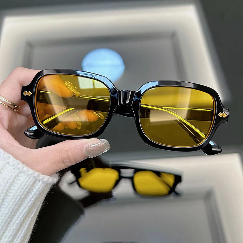 Vintage Square Sunglasses Women Fashion Small Frame Yellow Black Sun Glasses Male Female Retro Rivet Morror Oculos De Sol
