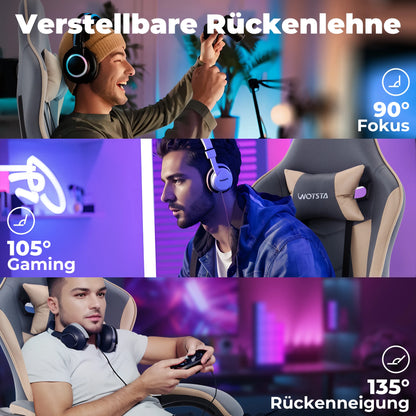 Silla gaming WOTSTA con reposapiés, silla para gamers ergonómica con cojín lumbar, reposacabezas y altura ajustable para ordenador