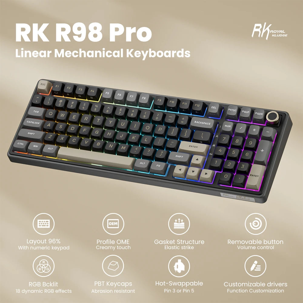 Tastiera meccanica cablata RK ROYAL KLUDGE R98Pro Gasket, 98 tasti, RGB, hot-swappable, pulsante pluggable, tastiera gamer con keycap PBT