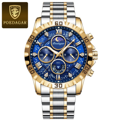 POEDAGAR muški sat – luksuzni kronograf, vodootporan i luminescentan, izrađen od nehrđajućeg čelika, sportskog i vojnog stila, s kvarcnim mehanizmom