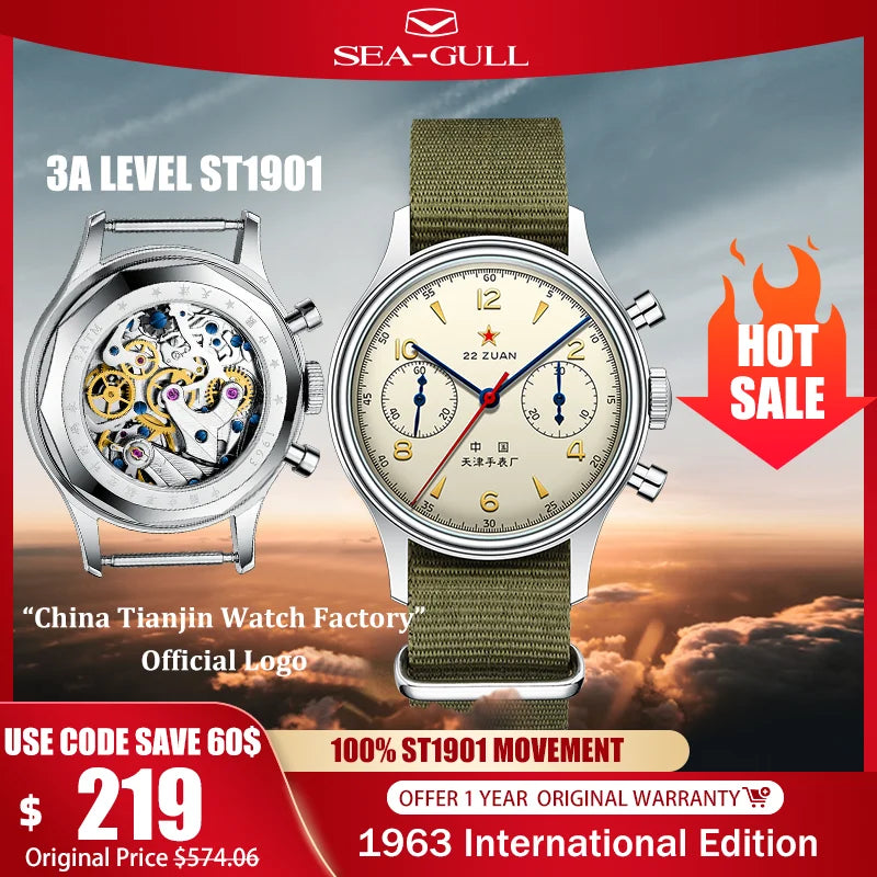 Relógio mecânico masculino Seagull 1963 International Edition Pilot Clock ST1901, cronógrafo retro de pulso, aviação da Força Aérea, novo