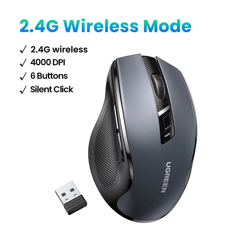 UGREEN bežični miš Bluetooth 5.0, ergonomski miš 4000DPI, 6 tihih tipki, miš za MacBook, tablet, prijenosna računala, računalo PC, 2.4G miševi