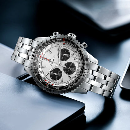 Relógio de homem BERNY Aviation – Cronógrafo de quartzo com data, vidro de safira e revestimento ultraluminescente – Relógio elegante de marca de luxo