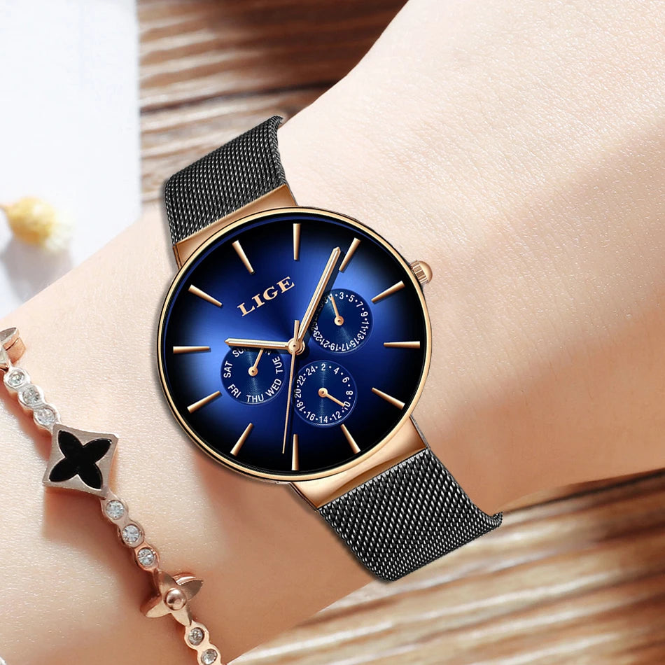 Relógio feminino LIGE, elegante e moderno – Estilo desportivo e descontraído, bracelete em malha, movimento de quartzo, indicação da data e do dia, resistente à água.