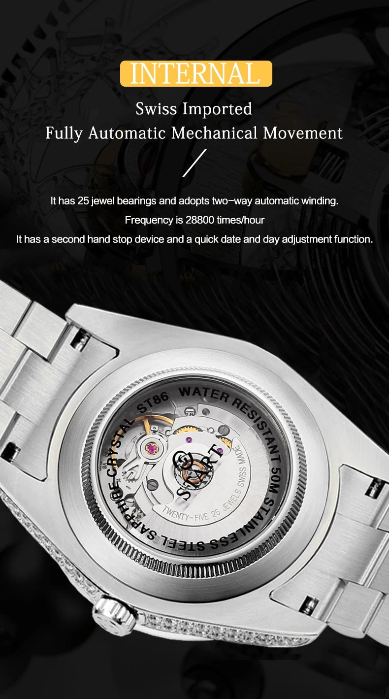 【START】Men's Watch Swiss Automatic Mechanical Movement Diamond Watch Waterproof Date Week Function Golden Watch