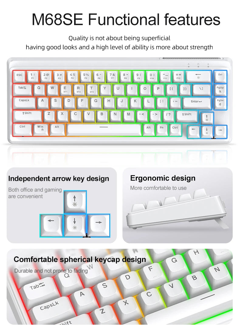 FREEWOLF M68SE Teclado mini con cable de 68 teclas, retroiluminación RGB, Type-C, diseño 68%, compacto para gaming, oficina, PC y portátil