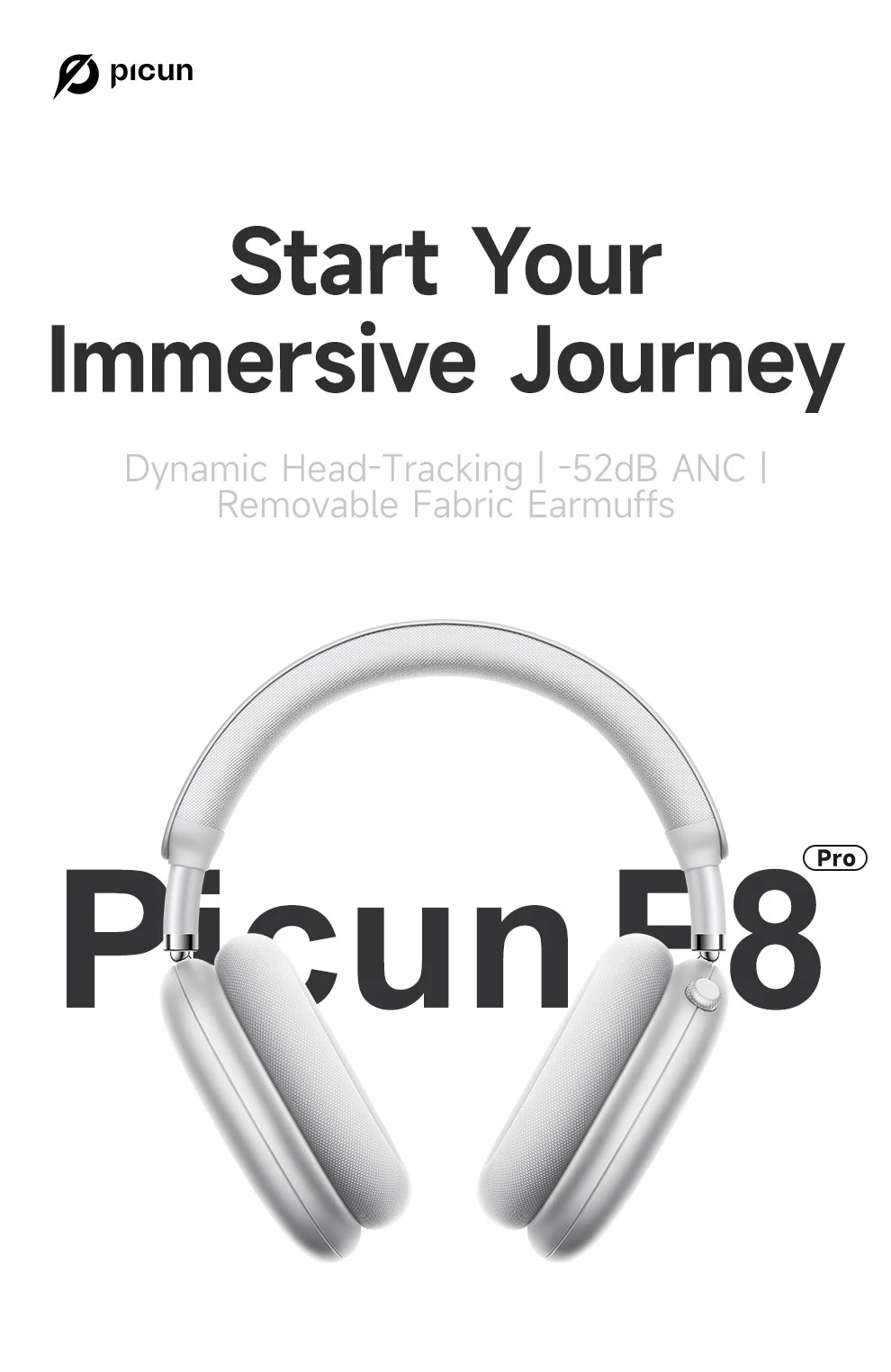 Cuffie wireless Picun F8 Pro ANC con head tracking, audio spaziale 3D, ANC -52dB, headset Bluetooth Hi-Fi, microfono HD ENC, app a bassa latenza