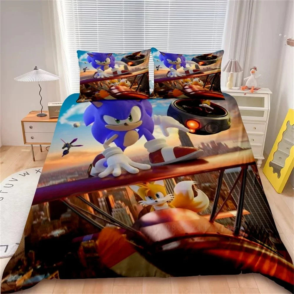 Juego de funda nórdica de dibujos animados, ropa de cama suave de algodón lavable, S-Sonic-S, película H-HedgehogS, set de 2/3 piezas, cuatro estaciones, residencia de estudiantes