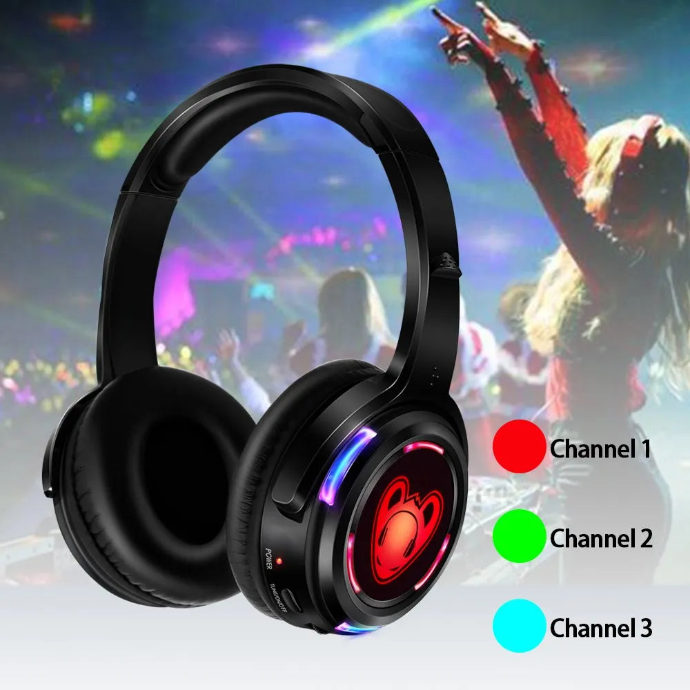 Auriculares inalámbricos Silent Disco RF LED para DJ y fiestas 863–865MHz/915MHz con iluminación LED de 3 canales y batería de 10H