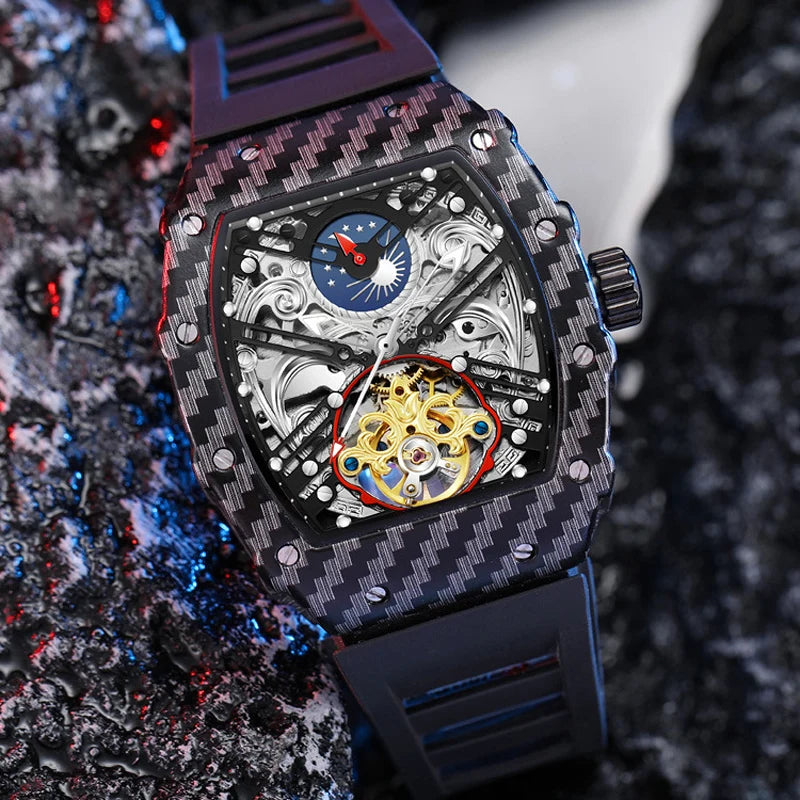 Mechaniczny zegarek Tourbillion dla mężczyzn, silikonowy pasek, szkieletowa koperta tonneau, automatyczne zegarki męskie, luksusowa topowa marka, reloj hombre