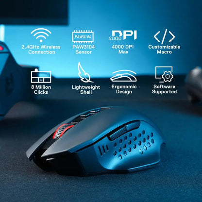 Mouse Gaming Wireless Redragon M656 Gainer, 4000 DPI, Mouse Gamer Wireless 2.4Ghz con 5 livelli DPI, 7 pulsanti macro, retroilluminazione LED rossa