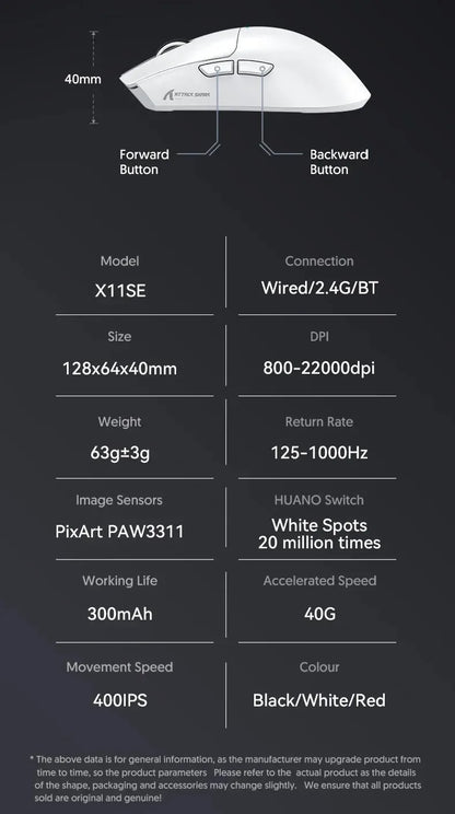 ATTACK SHARK X11SE Ultra-Light Wireless Gaming Mouse,20Million cycles life,PAW3311 Gaming,22KDPI,400IPS,40G,1KHz,65 Hours,30mAH
