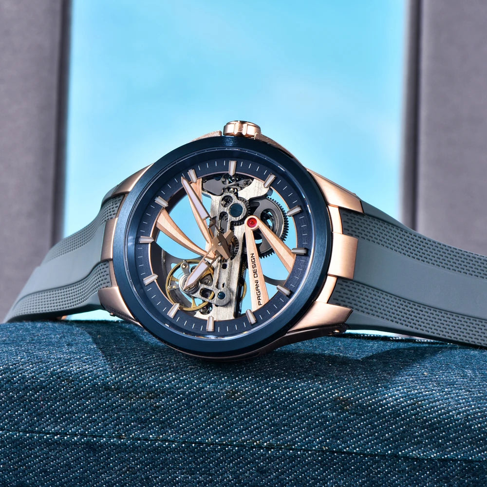 Pánske hodinky PAGANI DESIGN – Luxusný mechanický model s automatickým náťahom, typu „skelet“ (s otvoreným srdcom), vybavený tourbillonom, so zafírovým sklom s antireflexnou úpravou, vodotesné a luminiscenčné.