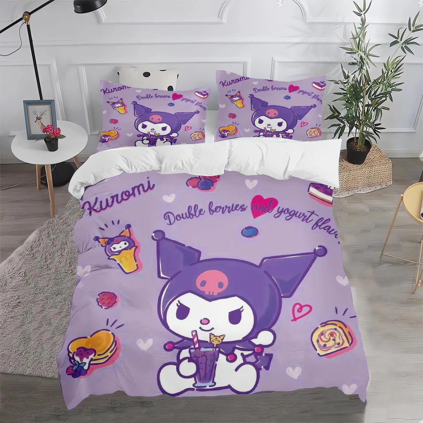 Conjunto de Capa de Edredão e Fronha Kuromi Fofo para Cama, Decoração de Quarto para Adulto, Rapaz e Rapariga, Presente para Crianças, Tamanho Individual, Duplo e Grande