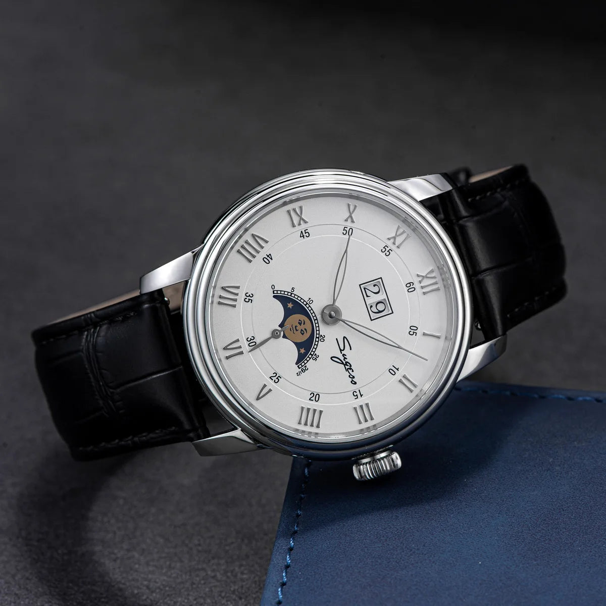 Sugess Moonphase Watch of Men 40mm Automatic Mechanical Wristwatches Seagul ST2528 Movement Stainless Steel Blue Sandstone Dial
