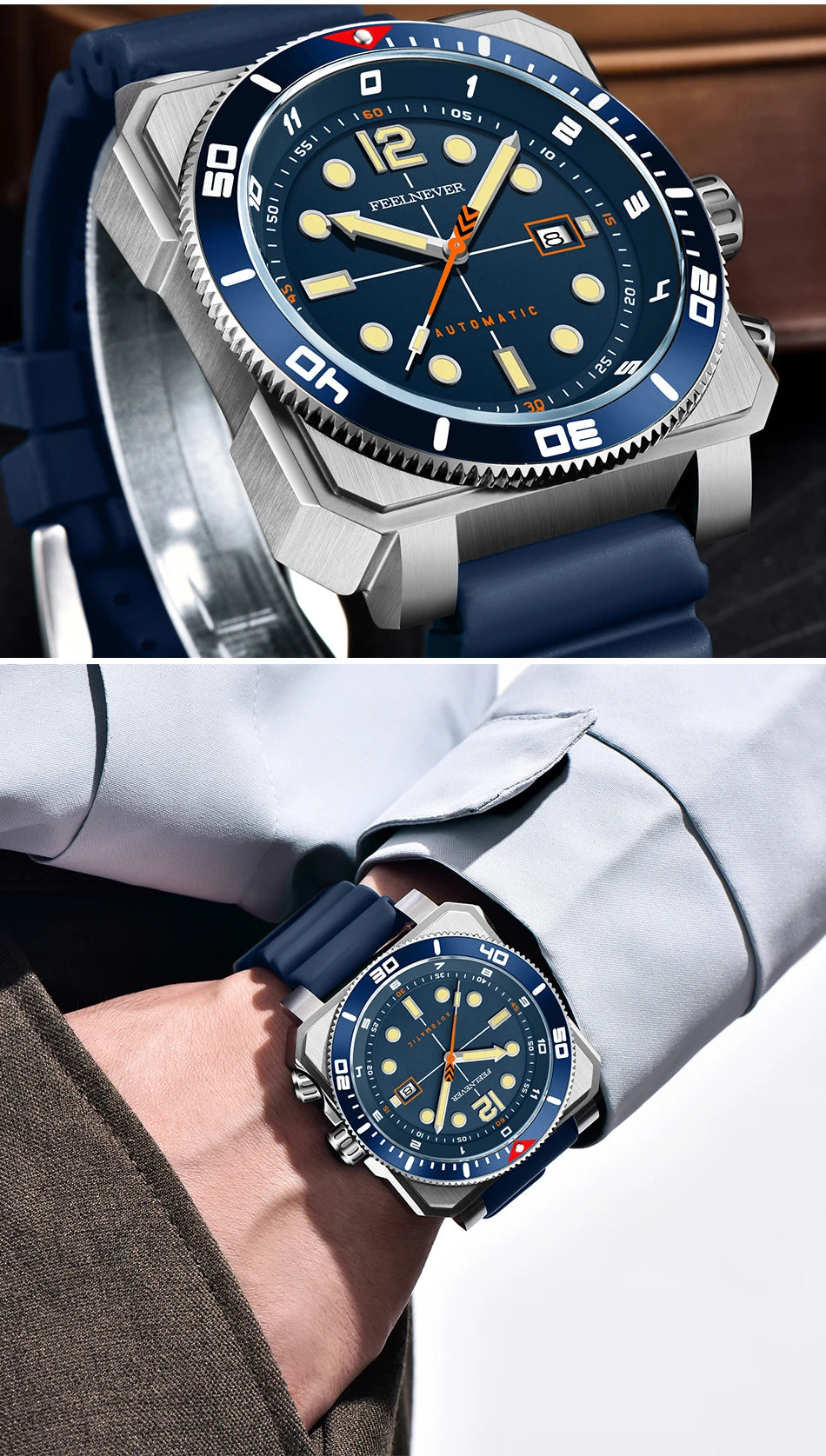 Orologio subacqueo automatico FeelNever 8215 da uomo, super luminoso, in acciaio 316, con vetro zaffiro, orologio sportivo meccanico maschile