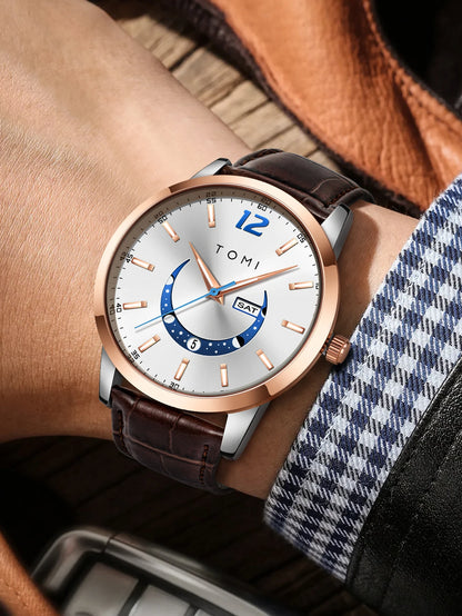 Relógio de quartzo TOMI, estilo empresarial e elegante, com bracelete em pele, caixa em liga metálica e mostrador com ponteiros – Design de alta qualidade, ideia de presente para homem