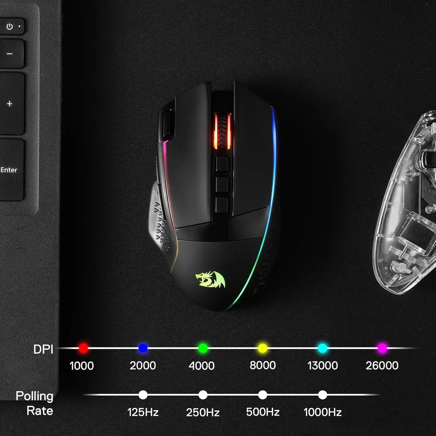 Mouse gaming wireless Redragon M991 26000 DPI, 3 modalità, 9 pulsanti macro, retroilluminazione RGB, nero