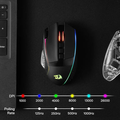 Mouse gaming wireless Redragon M991 26000 DPI, 3 modalità, 9 pulsanti macro, retroilluminazione RGB, nero