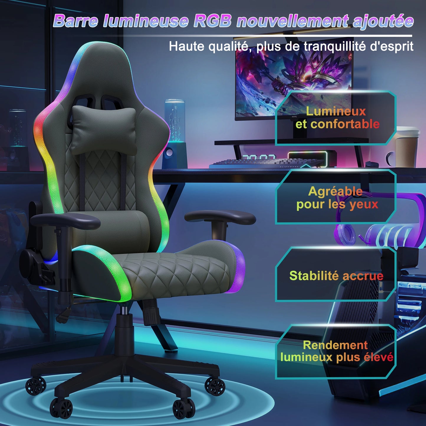 Rosahqnda Gaming Chair with Massage Function, Adjustable Office Chair, Gamer Chair with LED,Lumbar Cushion, Pillow,150 KG