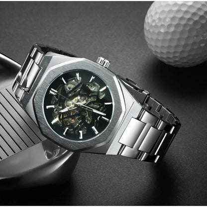 WINNER Black Gold Skeleton Mechanical Watches for Men Fashion irregular Automatic Watch Luxury Brand Stainless Steel Strap 2023