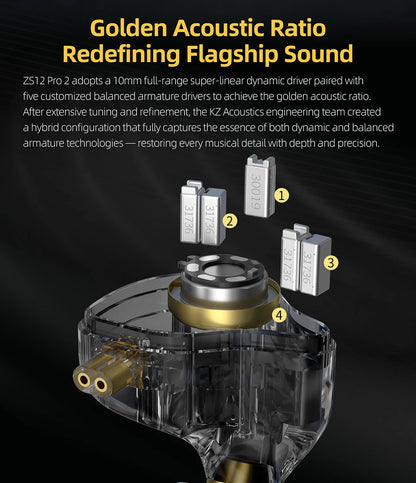 KZ ZS12 PRO 2 Hybrid-IEM-Kopfhörer – HiFi-Bass kabelgebundene Gaming-Ohrhörer mit superlinearen Treibern