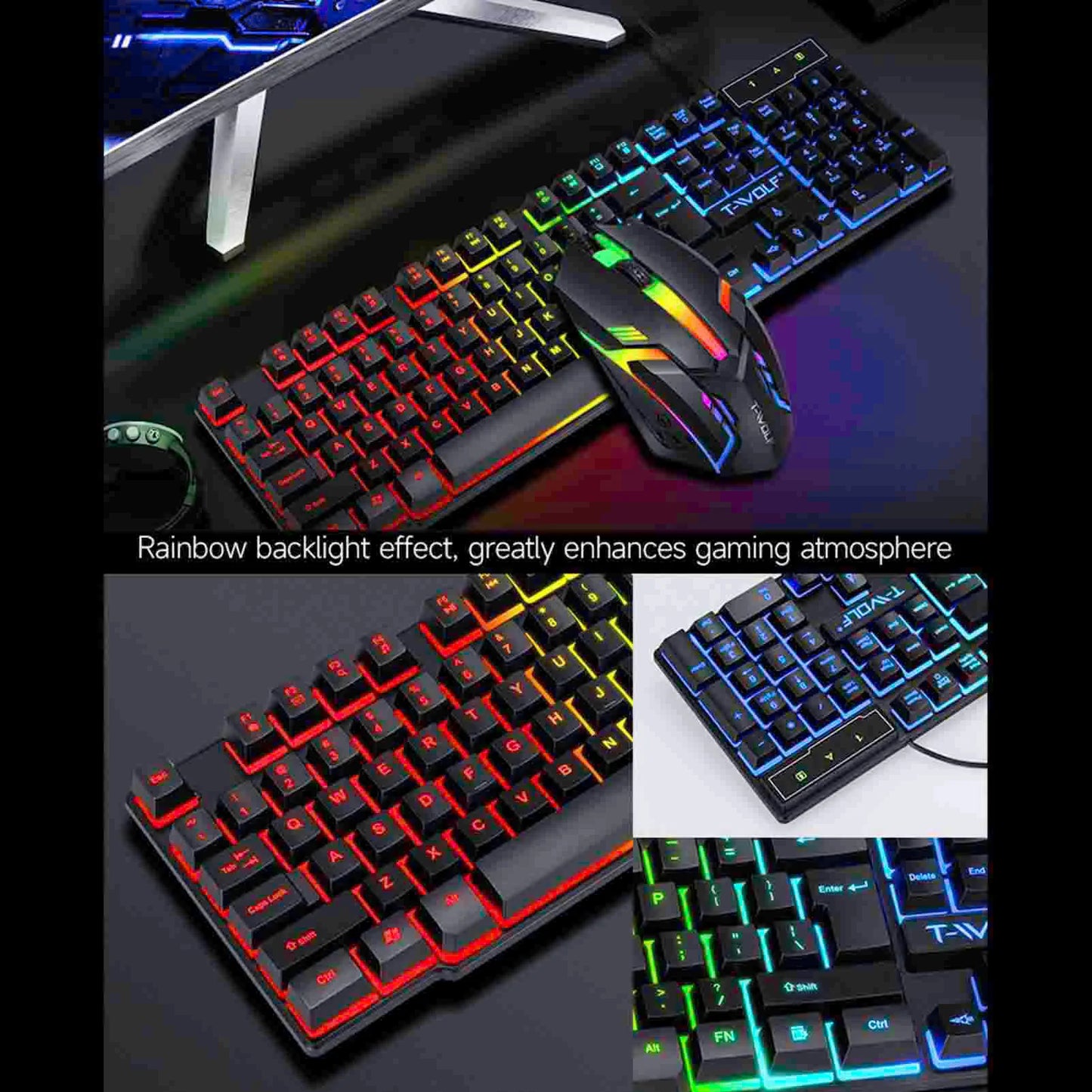 Combo gaming 4 pezzi tastiera e mouse, tastiera ergonomica 104 tasti, mouse con luce breathing a 4 colori, cuffie e tappetino per mouse antiscivolo