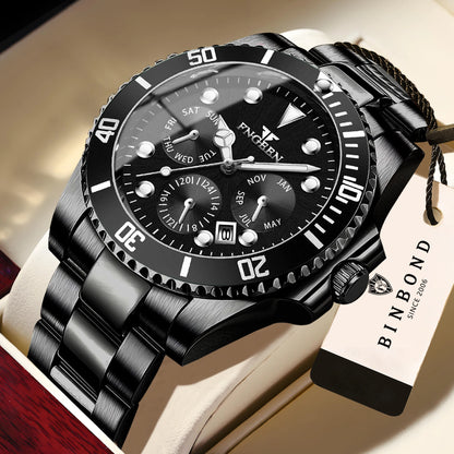 Relógio de quartzo de luxo para homem BINBOND, preciso, com data automática, luminoso, estanque, ideal para desporto, negócios e lazer. Resistente e duradouro.