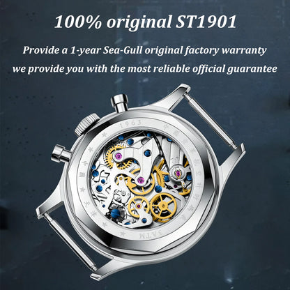 Relógio mecânico masculino Seagull 1963 International Edition Pilot Clock ST1901, cronógrafo retro de pulso, aviação da Força Aérea, novo