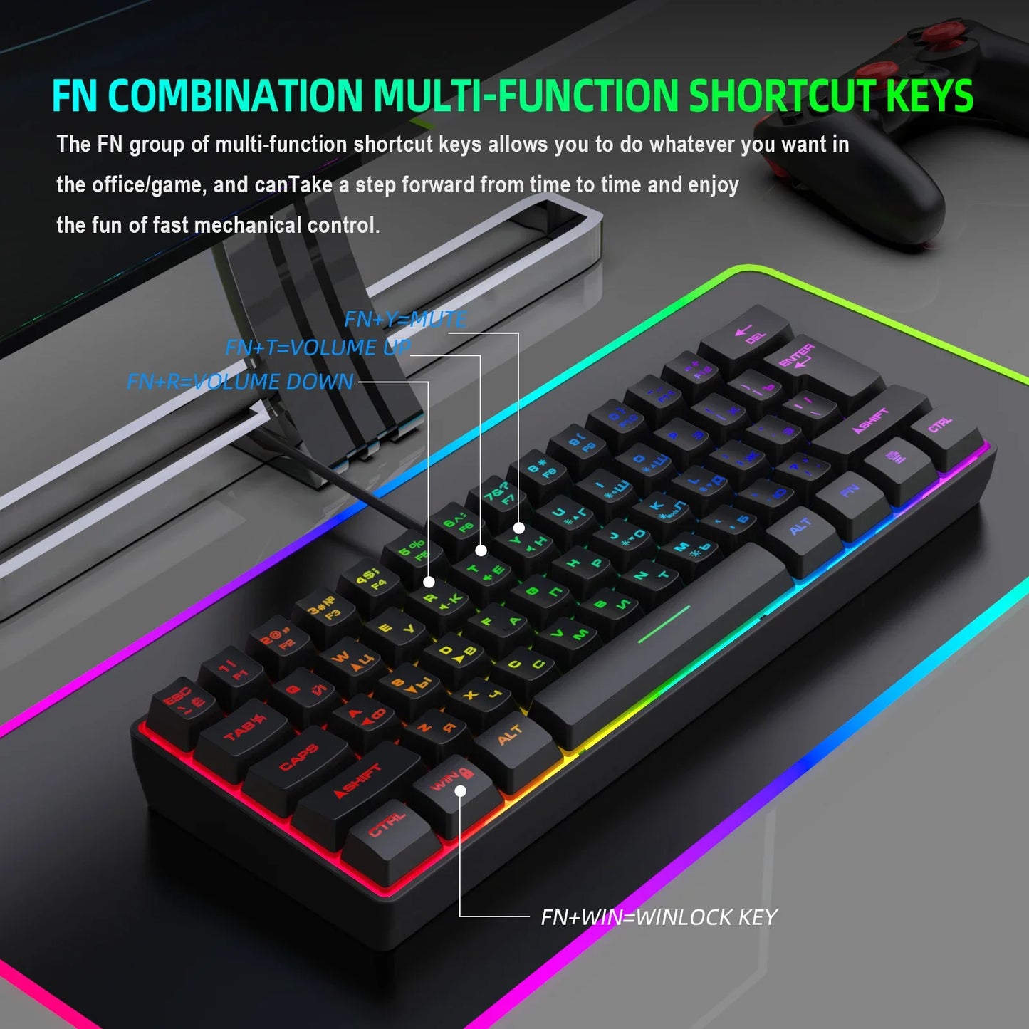Teclado gaming, teclado ultracompacto de 61 teclas con retroiluminación RGB ruso/inglés, teclados de oficina resistentes al agua con sensación mecánica para gaming