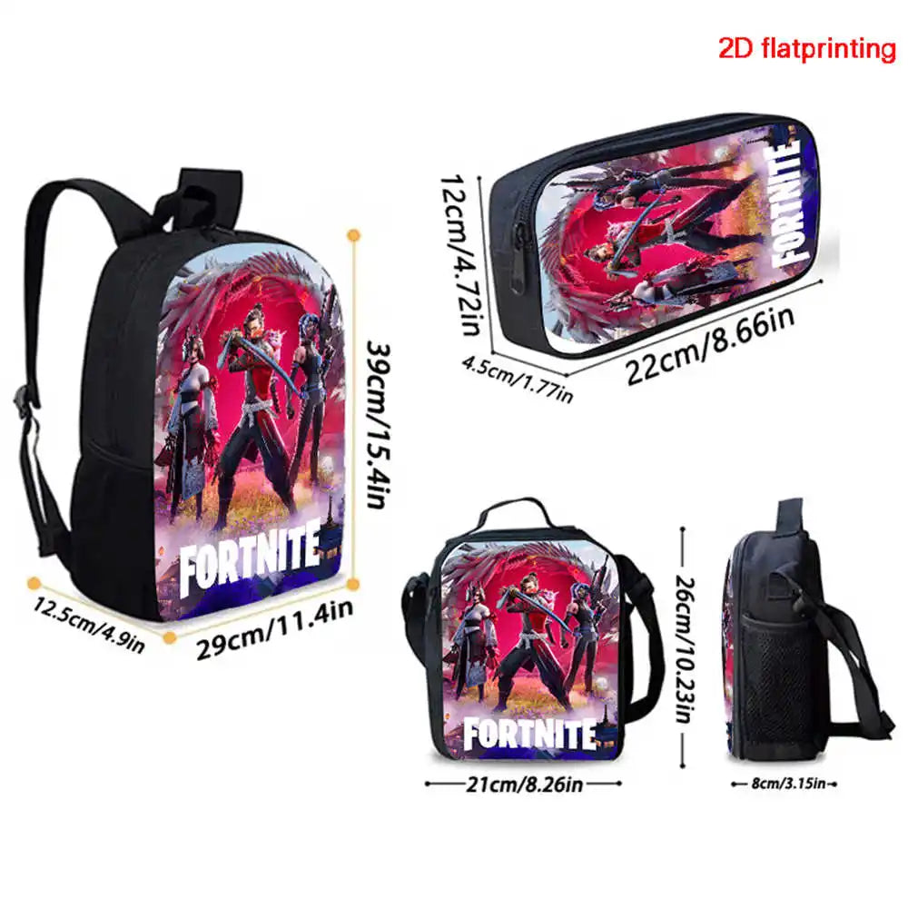 Set Fortnite Cartoon de 3 piezas, gran capacidad, adecuado para niños y niñas de 5 a 8 años, incluye mochila, bolsa para comida y estuche para lápices
