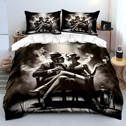 Conjunto de Cama para Crianças com Casal em Cena Esfumada a Preto e Branco, Presente de Luxo, 3 Peças, Edredão com Impressão Digital, Macio e Confortável
