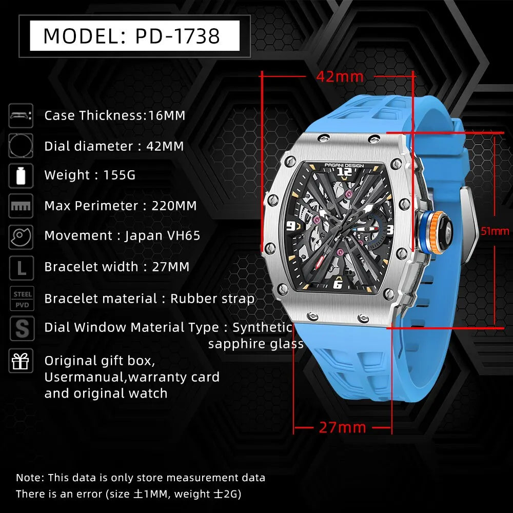 Orologio da uomo PAGANI DESIGN 2026 New al quarzo, movimento VH65, quadrante scheletrato, impermeabile 100M, sportivo rettangolare, vetro zaffiro