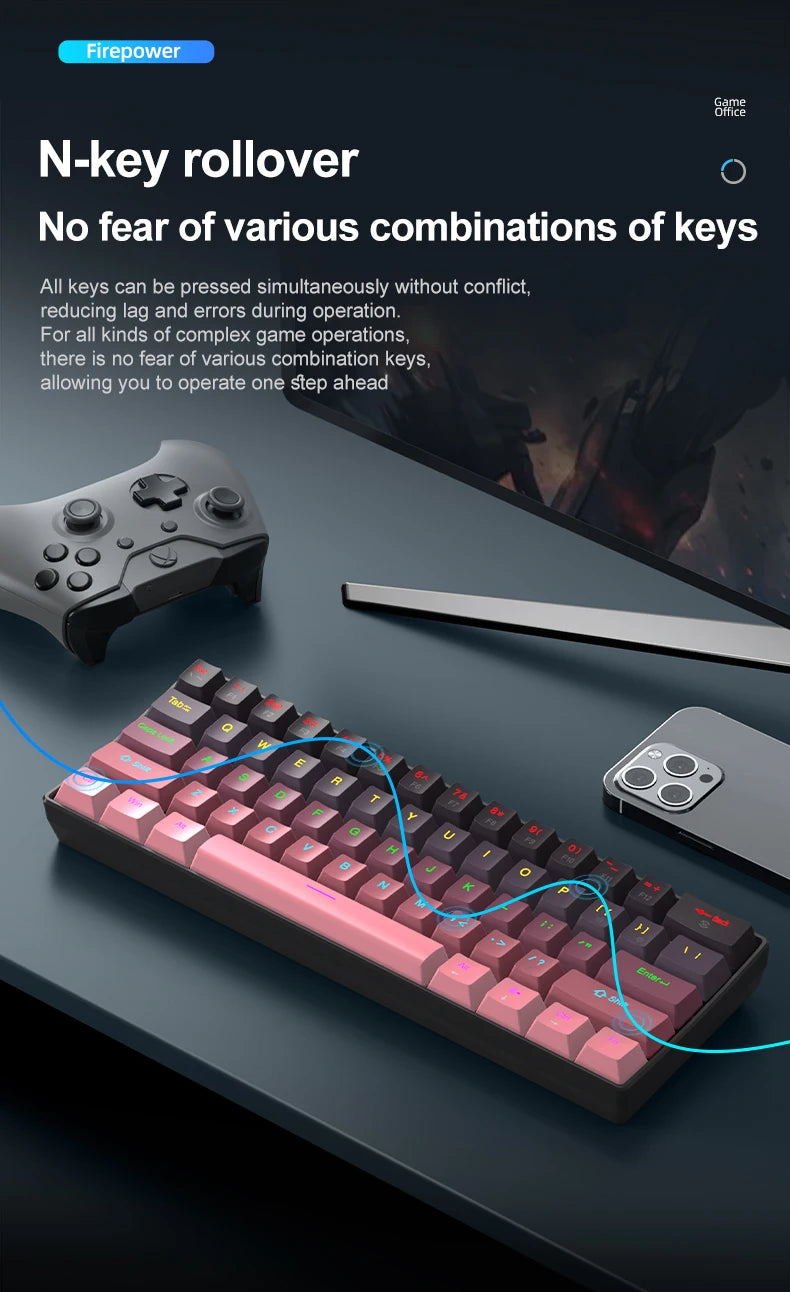 Tastiera meccanica mini APAYADO K61, cablata, 61 tasti, RGB Phantom, nera/bianca, switch meccanici rossi/blu per gaming, portatile 60%