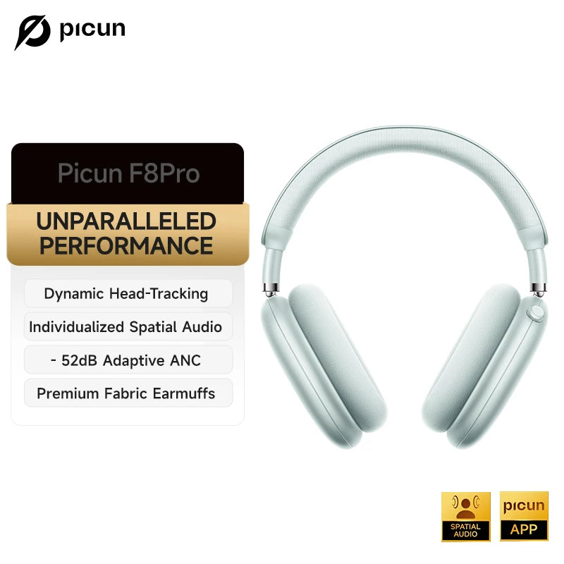 Cuffie wireless Picun F8 Pro ANC con head tracking, audio spaziale 3D, ANC -52dB, headset Bluetooth Hi-Fi, microfono HD ENC, app a bassa latenza
