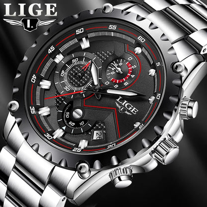 Relógio de homem LIGE – Relógio de quartzo moderno, marca de luxo, totalmente em aço, estilo profissional, resistente à água e desportivo – Entregue com caixa
