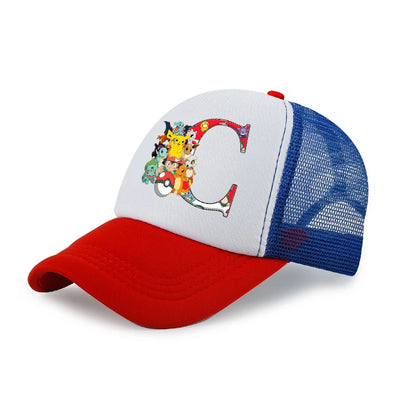 Tegneserie-Pokémon-baseballkasket til børn med Pikachu og bogstaverne A-Z – til drenge og piger – solbeskyttende solhat – børnekasket med skygge – sommer-trucker-kasket – far-kasket