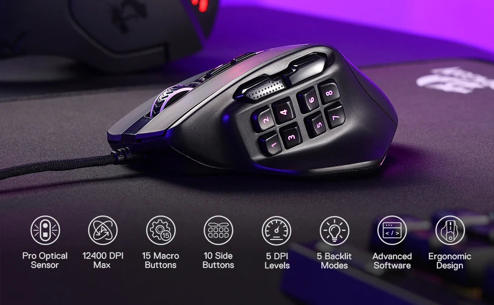 Redragon M811 Aatrox MMO-gamingmuis, bedrade RGB-gamingmuis met 15 programmeerbare knoppen, ergonomische optische gamingmuis met 12.400 DPI