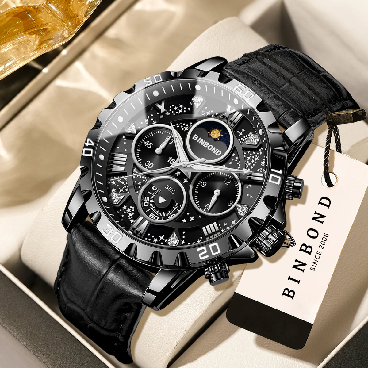 Relógio de pulso de quartzo BINBOND, autêntico e preciso, para homem, cronógrafo luxuoso, resistente à água e com luz, com bracelete em pele.