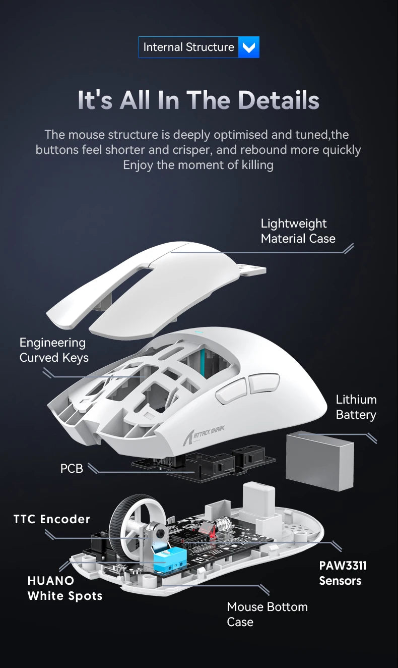 Ratón inalámbrico Attack Shark X11&R1 Tri Mode Bluetooth con base de carga RGB, ergonómico y ligero, accesorio para PC gamer