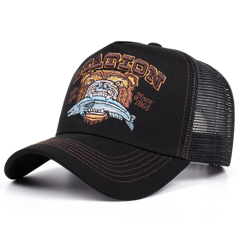 2025 New Bear Eating Fish Street Dance Hip Hop Hat Truck Hat Outdoor Skateboarding Hat Sunshade Baseball Hat Breathable Mesh Hat