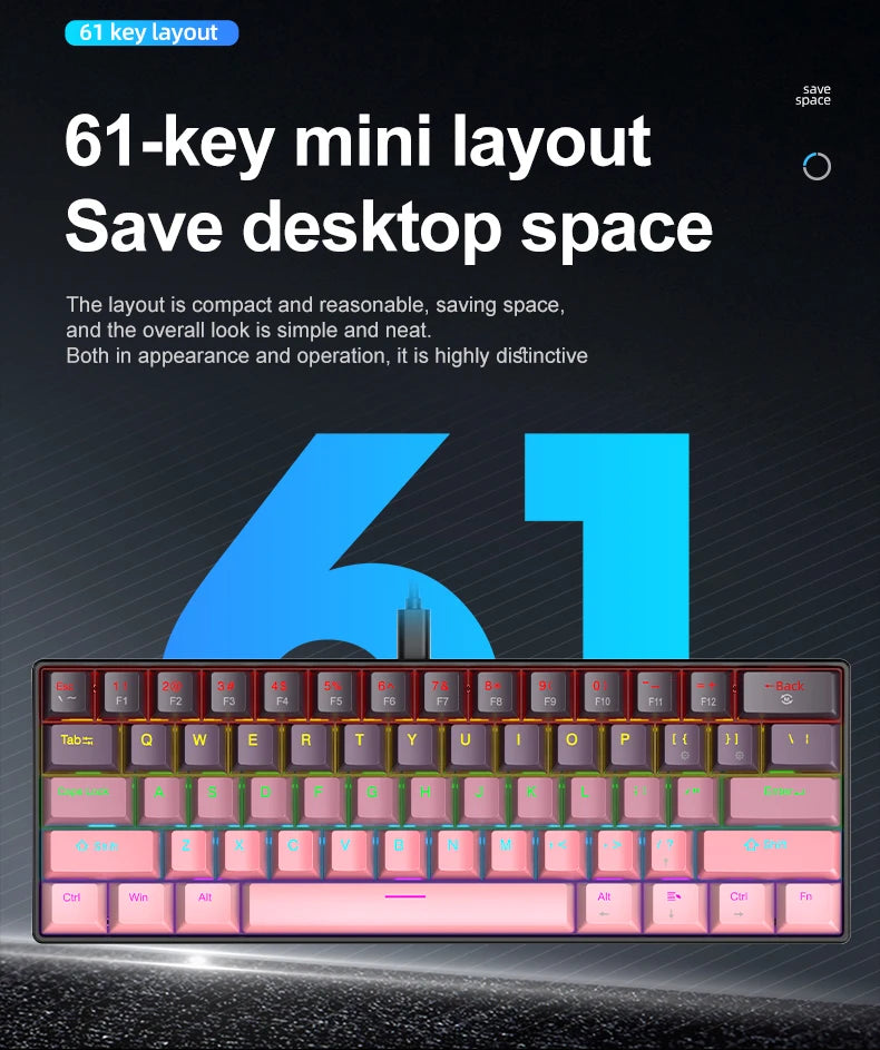 Tastiera meccanica mini APAYADO K61, cablata, 61 tasti, RGB Phantom, nera/bianca, switch meccanici rossi/blu per gaming, portatile 60%